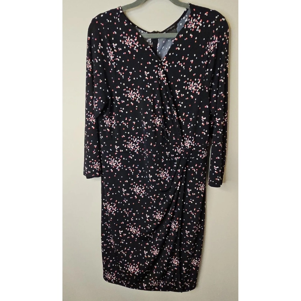 Ann Taylor Dress Women 12 Faux Wrap Black Polka Dot Stretch Jersey Office Pin Up